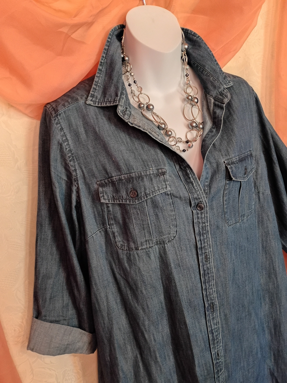 LOFT Ladies Chambray Denim Button-Front Midi Shirt Dress Sz 10 - Picture 2 of 7